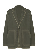 The TYPE-K 012 by A-POC ABLE ISSEY MIYAKE is an olive green textured knit blazer with notched lapels, front button closure, two large pockets, sashiko-style seams, and a relaxed woven-like fit. - KHAKI-HUED （no.67）