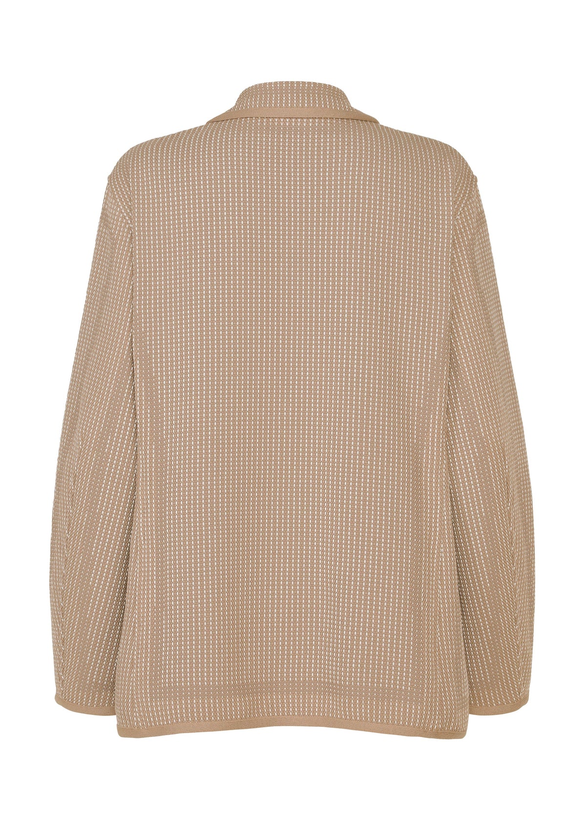 TYPE-K 012 by A-POC ABLE ISSEY MIYAKE: beige long-sleeve jacket with a sashiko-style vertical dotted pattern, shown from the back. Features a collar and relaxed fit against a white background. view 4 of 11