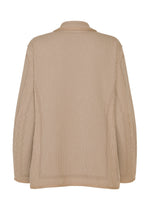 TYPE-K 012 by A-POC ABLE ISSEY MIYAKE: beige long-sleeve jacket with a sashiko-style vertical dotted pattern, shown from the back. Features a collar and relaxed fit against a white background.