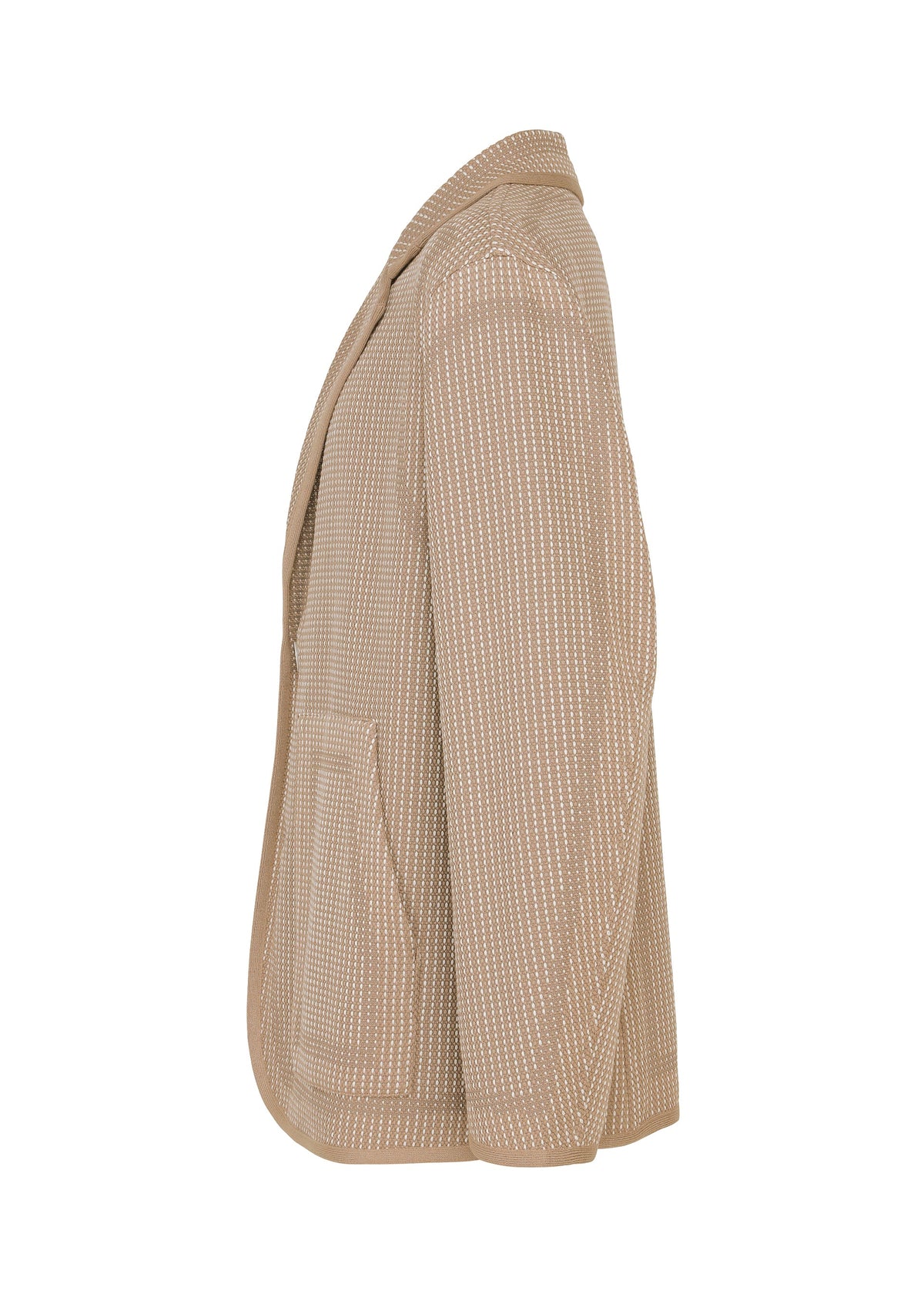 Zoomed view TYPE-K 012 by A-POC ABLE ISSEY MIYAKE is a beige blazer with a white dotted woven pattern, notched collar, long sleeves, and front pocket. Textured fabric shown from the side on a plain white background.
