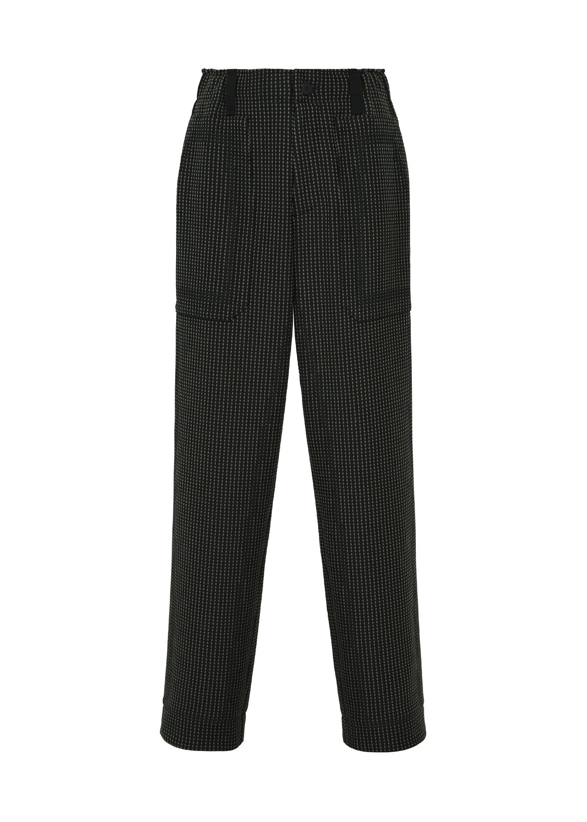 TYPE-K 012 by A-POC ABLE ISSEY MIYAKE: Black pants with a subtle white checkered sashiko pattern, straight legs, side pockets, and belt loops. Shown against a white background. view 1 of 8