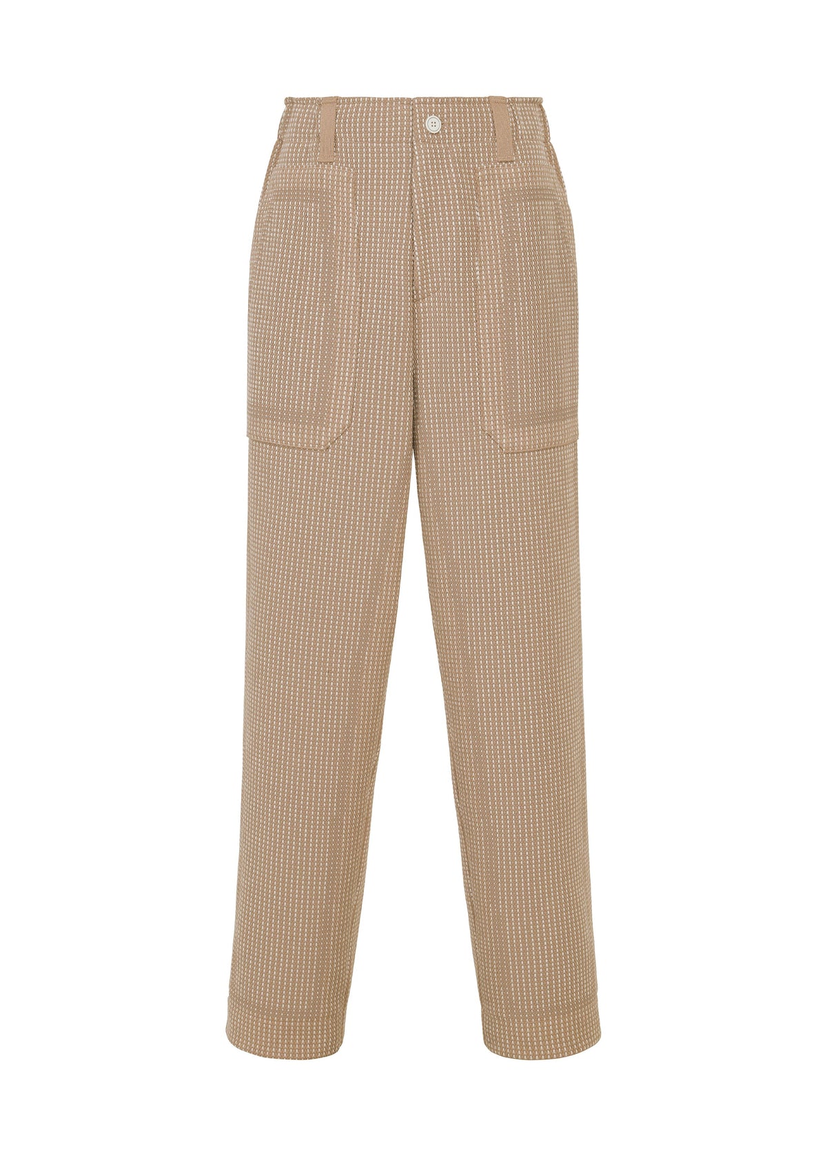 TYPE-K 012 by A-POC ABLE ISSEY MIYAKE: Beige high-waisted pants with a subtle checkered woven texture, front button and zipper, belt loops, large front patch pockets, and a relaxed straight-leg fit. view 2 of 8