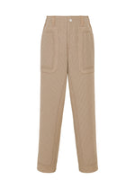 TYPE-K 012 by A-POC ABLE ISSEY MIYAKE: Beige high-waisted pants with a subtle checkered woven texture, front button and zipper, belt loops, large front patch pockets, and a relaxed straight-leg fit. - BEIGE-HUED （no.46）
