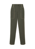 TYPE-K 012 by A-POC ABLE ISSEY MIYAKE: Olive green high-waisted pants with a woven look, checkered pattern, front patch pockets, belt loops, and wide legs shown on a white background. - KHAKI-HUED （no.67）