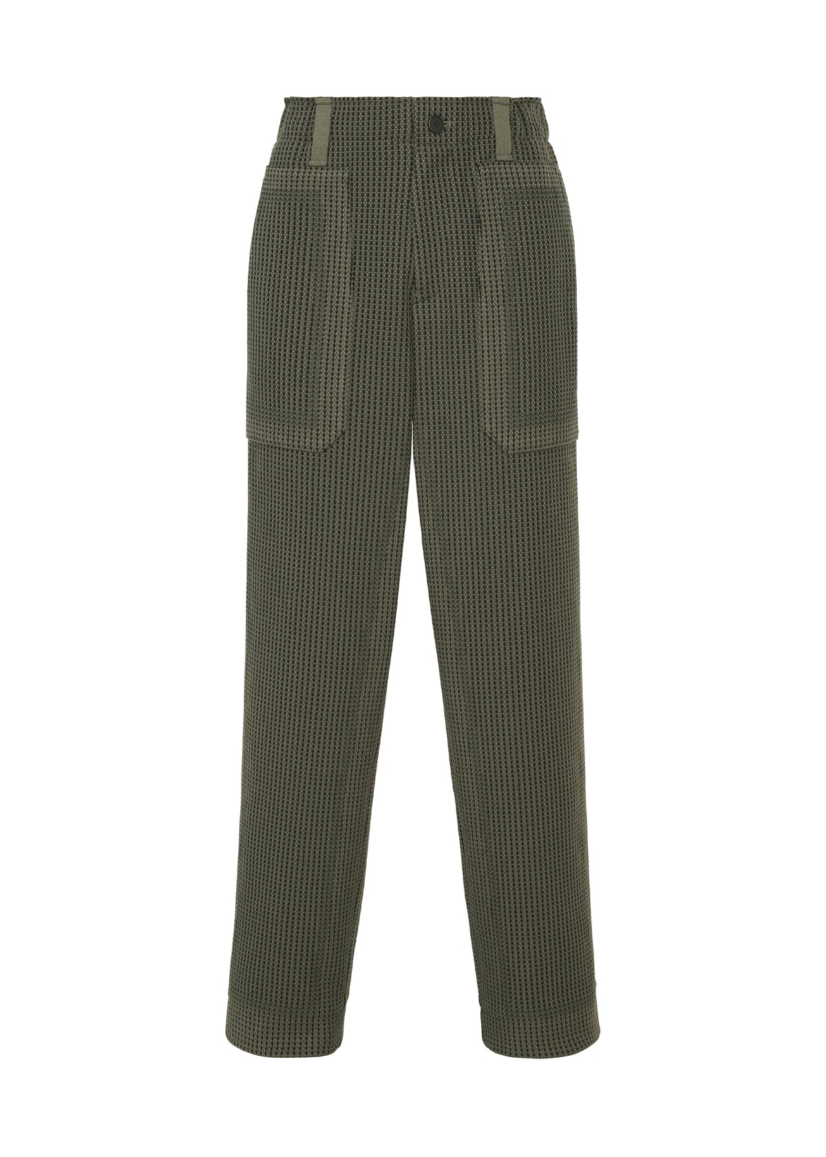Zoomed view TYPE-K 012 by A-POC ABLE ISSEY MIYAKE: Olive green high-waisted pants with a woven look, checkered pattern, front patch pockets, belt loops, and wide legs shown on a white background. - KHAKI-HUED （no.67）