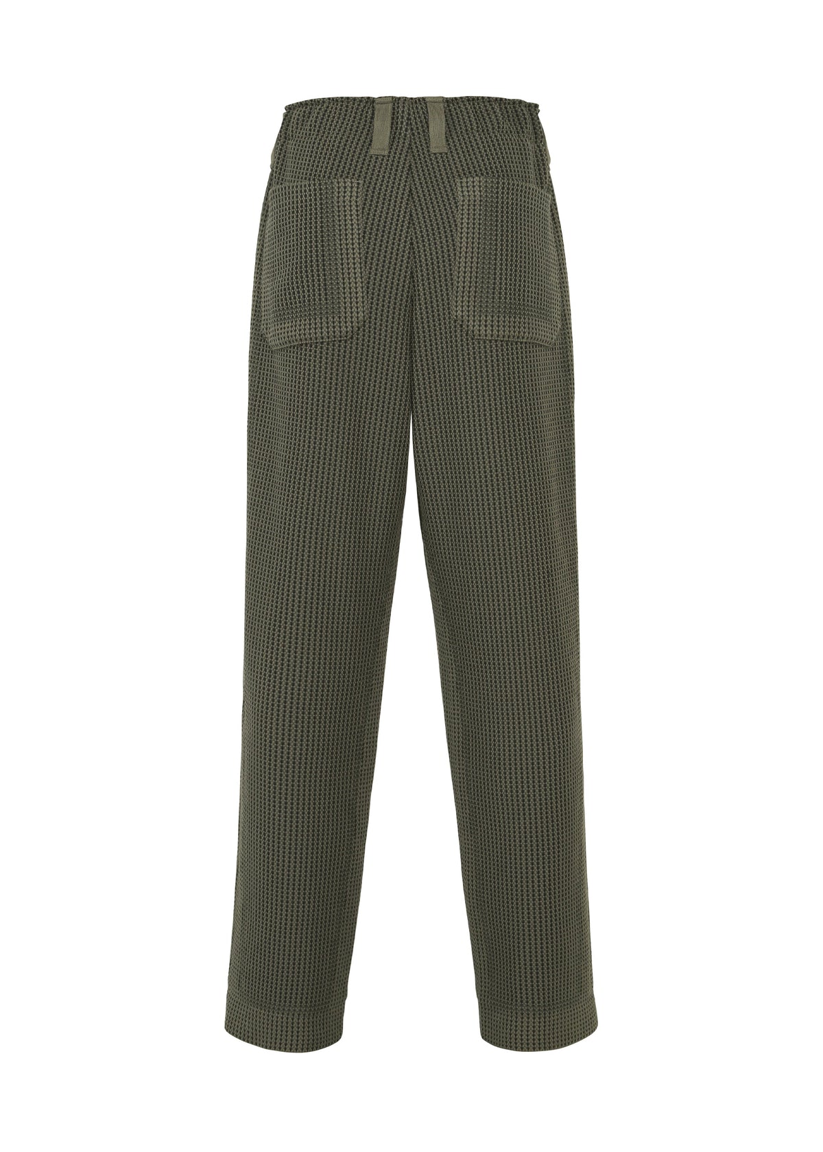 TYPE-K 012 by A-POC ABLE ISSEY MIYAKE shown from the back, with a green and black check pattern, two rear pockets, belt loops, and straight woven-like legs. view 4 of 8
