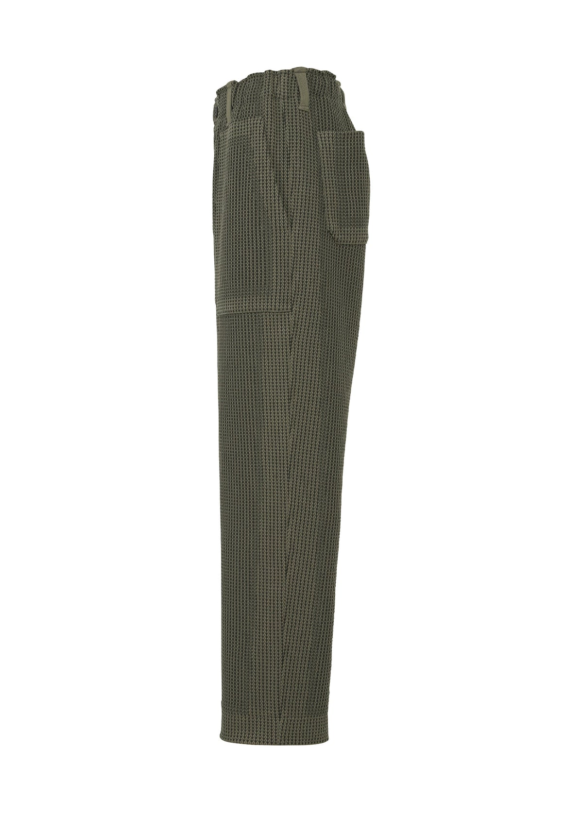 TYPE-K 012 by A-POC ABLE ISSEY MIYAKE: Olive green textured knit pants with elastic waistband, side pockets, and relaxed sashiko-style fit, shown in side profile on a white background. view 5 of 8
