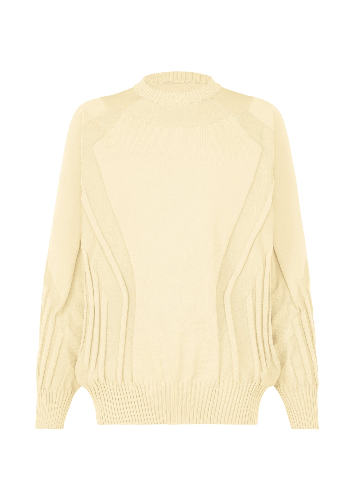 TYPE-K 001 by A-POC ABLE ISSEY MIYAKE is a beige knit sweater featuring a ribbed crew neckline, long sleeves, and ribbed cuffs and hem. The design showcases subtle, sculpted wave-like patterns on the front and sleeves inspired by the Steam Stretch pattern. Crafted from soft, stretchy polyester, this knit top offers enhanced comfort and flexibility. view 1 of 11