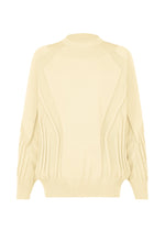 TYPE-K 001 by A-POC ABLE ISSEY MIYAKE is a beige knit sweater featuring a ribbed crew neckline, long sleeves, and ribbed cuffs and hem. The design showcases subtle, sculpted wave-like patterns on the front and sleeves inspired by the Steam Stretch pattern. Crafted from soft, stretchy polyester, this knit top offers enhanced comfort and flexibility. - IVORY （no.03）