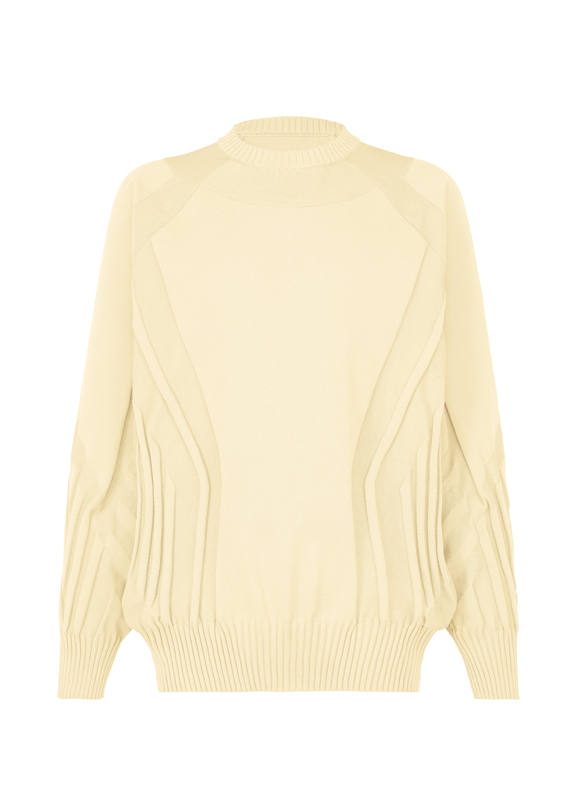 Zoomed view TYPE-K 001 by A-POC ABLE ISSEY MIYAKE is a beige knit sweater featuring a ribbed crew neckline, long sleeves, and ribbed cuffs and hem. The design showcases subtle, sculpted wave-like patterns on the front and sleeves inspired by the Steam Stretch pattern. Crafted from soft, stretchy polyester, this knit top offers enhanced comfort and flexibility. - IVORY （no.03）
