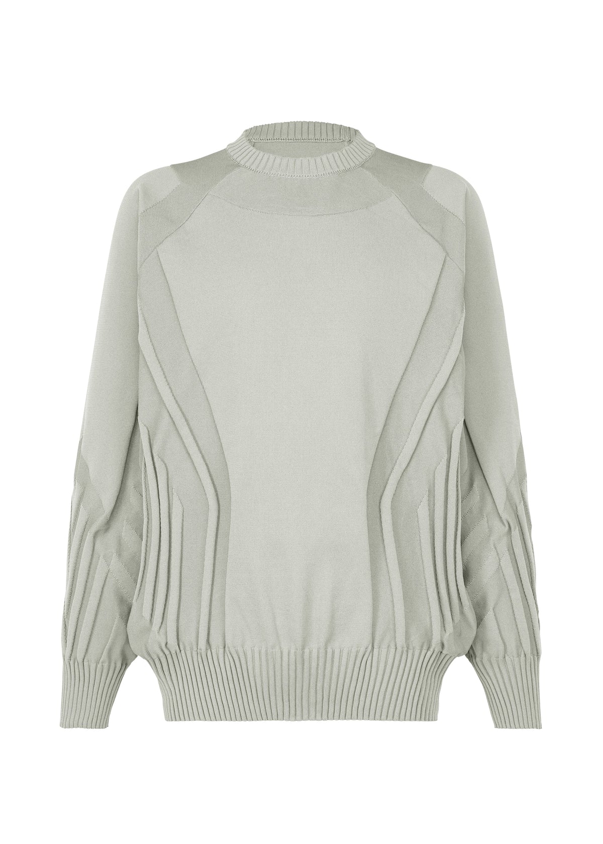 The TYPE-K 001 by A-POC ABLE ISSEY MIYAKE is a light gray long-sleeve knit top featuring a ribbed crew neck, cuffs, and hem. A subtle raised Steam Stretch pattern with wavy line designs on the front and sleeves creates a sculpted, textured look. Crafted from stretchy polyester for comfort and ease of movement. Shown against a plain background. view 2 of 11