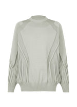 The TYPE-K 001 by A-POC ABLE ISSEY MIYAKE is a light gray long-sleeve knit top featuring a ribbed crew neck, cuffs, and hem. A subtle raised Steam Stretch pattern with wavy line designs on the front and sleeves creates a sculpted, textured look. Crafted from stretchy polyester for comfort and ease of movement. Shown against a plain background. - LIGHT GRAY （no.11）