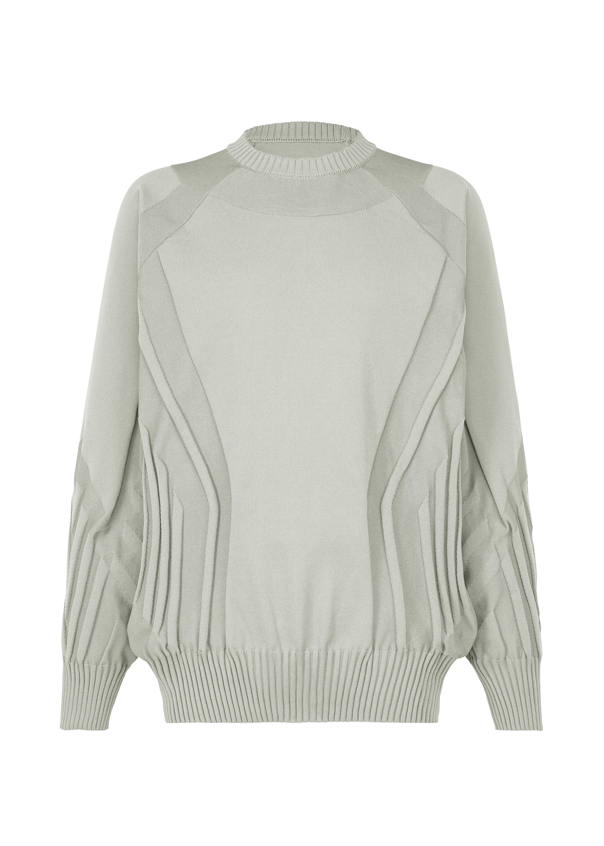 Zoomed view The TYPE-K 001 by A-POC ABLE ISSEY MIYAKE is a light gray long-sleeve knit top featuring a ribbed crew neck, cuffs, and hem. A subtle raised Steam Stretch pattern with wavy line designs on the front and sleeves creates a sculpted, textured look. Crafted from stretchy polyester for comfort and ease of movement. Shown against a plain background. - LIGHT GRAY （no.11）
