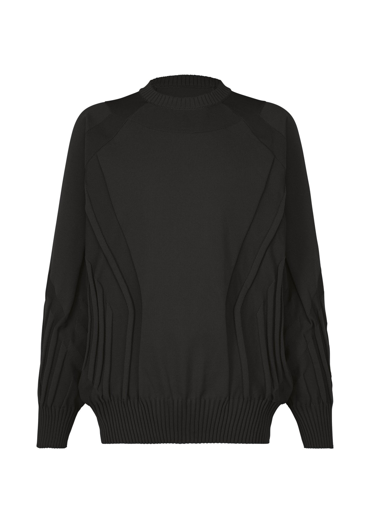 The TYPE-K 001 from A-POC ABLE ISSEY MIYAKE is a black long-sleeved knit top with ribbed cuffs, hem, and neckline. Featuring distinctive raised, textured patterns along the sleeves and body for a modern, structured look, this sweater is crafted from stretchy polyester and showcases a unique Steam Stretch pattern—effortlessly blending comfort with contemporary style. view 3 of 11