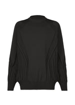 The TYPE-K 001 from A-POC ABLE ISSEY MIYAKE is a black long-sleeved knit top with ribbed cuffs, hem, and neckline. Featuring distinctive raised, textured patterns along the sleeves and body for a modern, structured look, this sweater is crafted from stretchy polyester and showcases a unique Steam Stretch pattern—effortlessly blending comfort with contemporary style. - BLACK （no.15）
