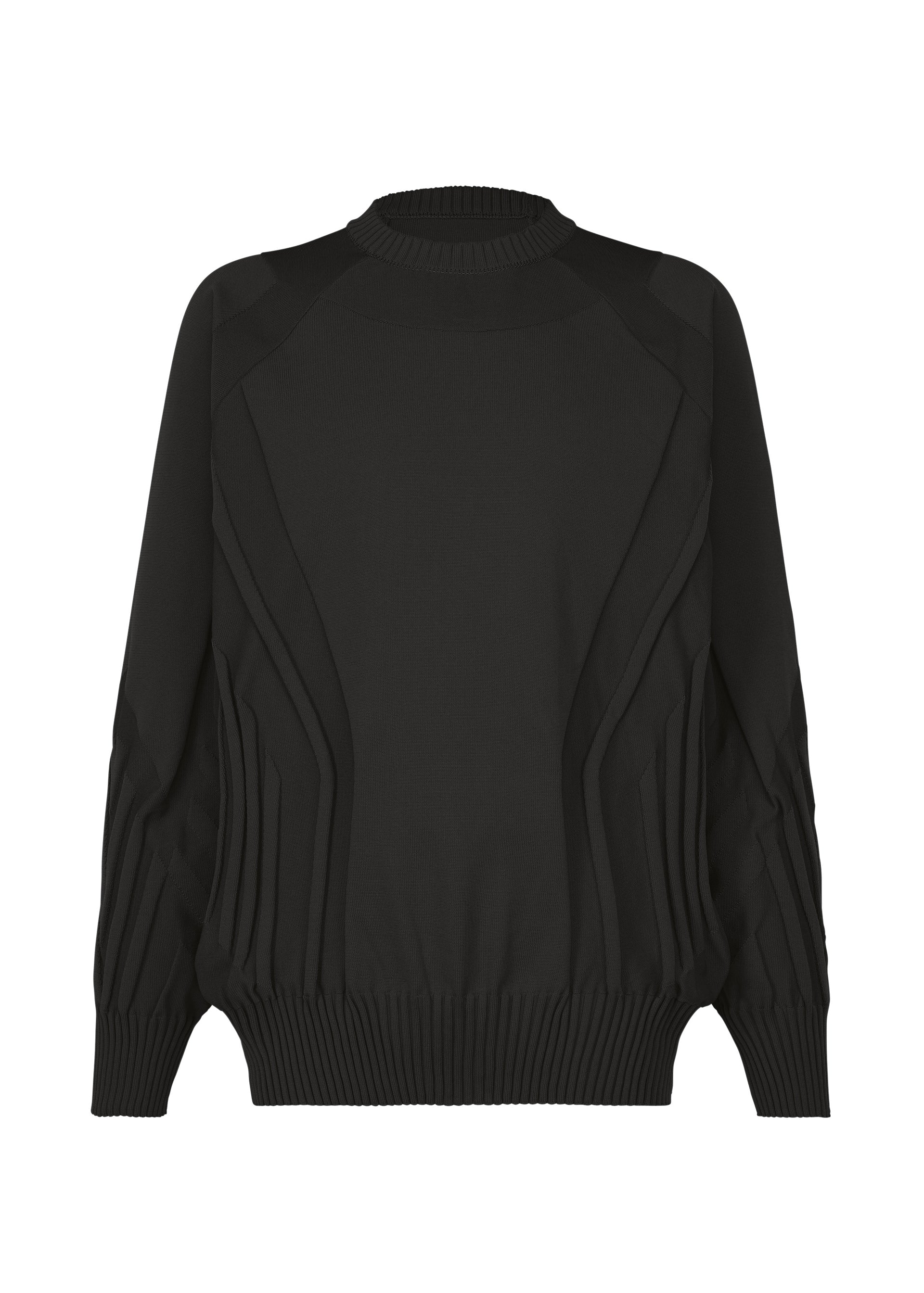 Zoomed view The TYPE-K 001 from A-POC ABLE ISSEY MIYAKE is a black long-sleeved knit top with ribbed cuffs, hem, and neckline. Featuring distinctive raised, textured patterns along the sleeves and body for a modern, structured look, this sweater is crafted from stretchy polyester and showcases a unique Steam Stretch pattern—effortlessly blending comfort with contemporary style. - BLACK （no.15）