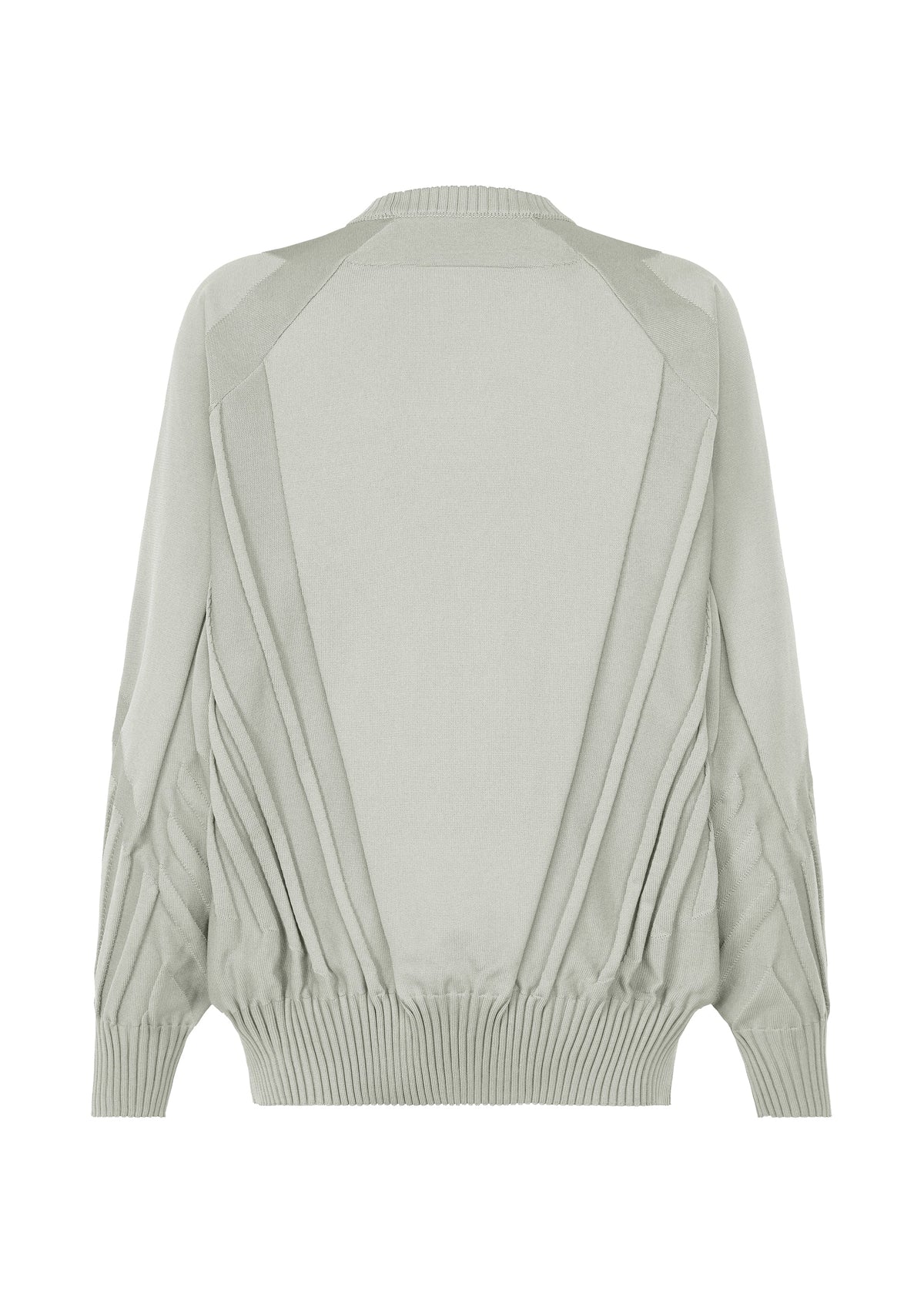 TYPE-K 001 by A-POC ABLE ISSEY MIYAKE is a light gray cardigan with long sleeves, ribbed cuffs, and hem. The back showcases pleated, draped detailing in a distinctive Steam Stretch pattern, resulting in a textured and layered look. Crafted from soft and lightweight stretchy polyester, it’s ideal for layering over your favorite knit top. view 4 of 11