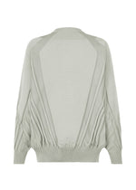 TYPE-K 001 by A-POC ABLE ISSEY MIYAKE is a light gray cardigan with long sleeves, ribbed cuffs, and hem. The back showcases pleated, draped detailing in a distinctive Steam Stretch pattern, resulting in a textured and layered look. Crafted from soft and lightweight stretchy polyester, it’s ideal for layering over your favorite knit top.