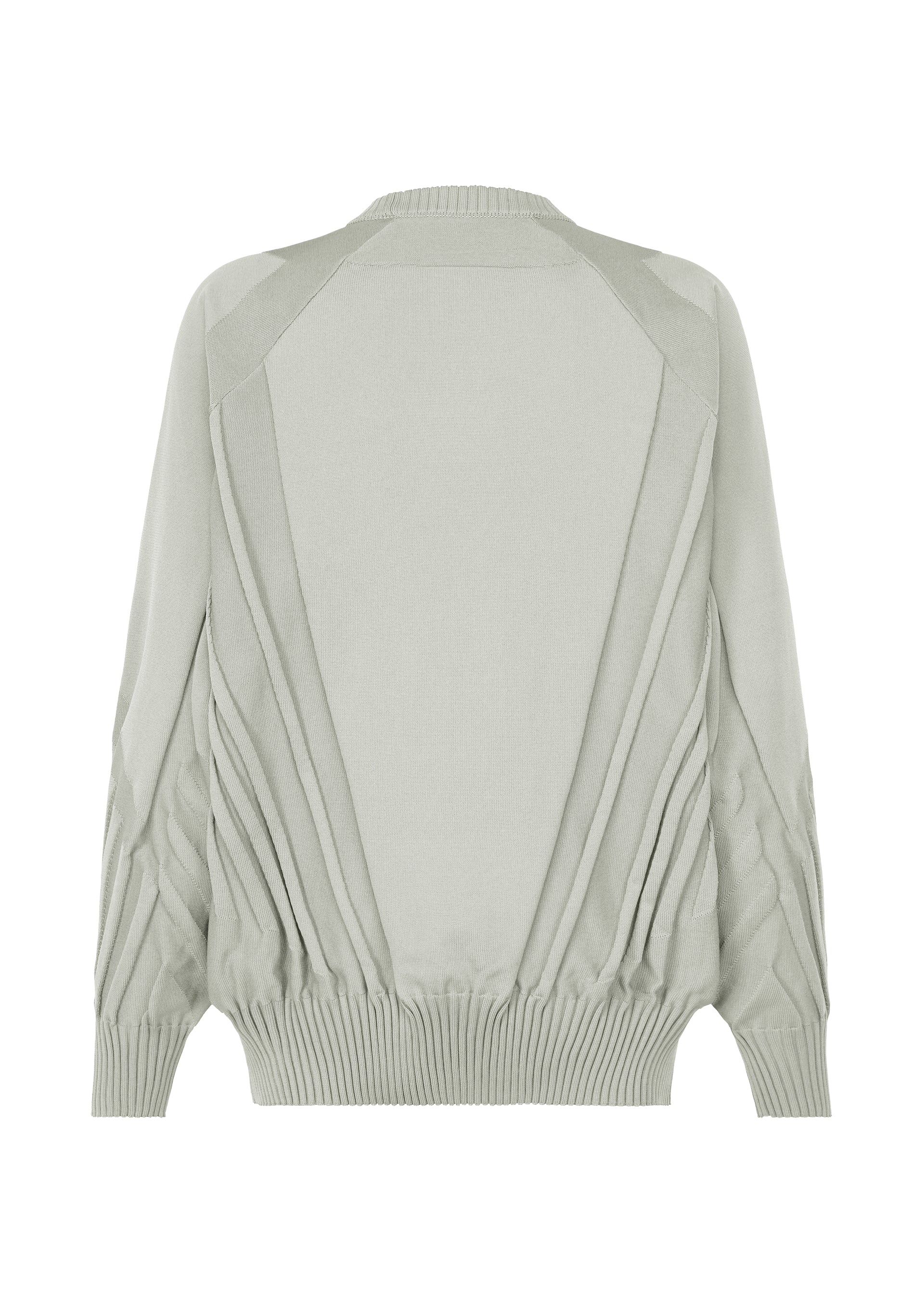 Zoomed view TYPE-K 001 by A-POC ABLE ISSEY MIYAKE is a light gray cardigan with long sleeves, ribbed cuffs, and hem. The back showcases pleated, draped detailing in a distinctive Steam Stretch pattern, resulting in a textured and layered look. Crafted from soft and lightweight stretchy polyester, it’s ideal for layering over your favorite knit top.