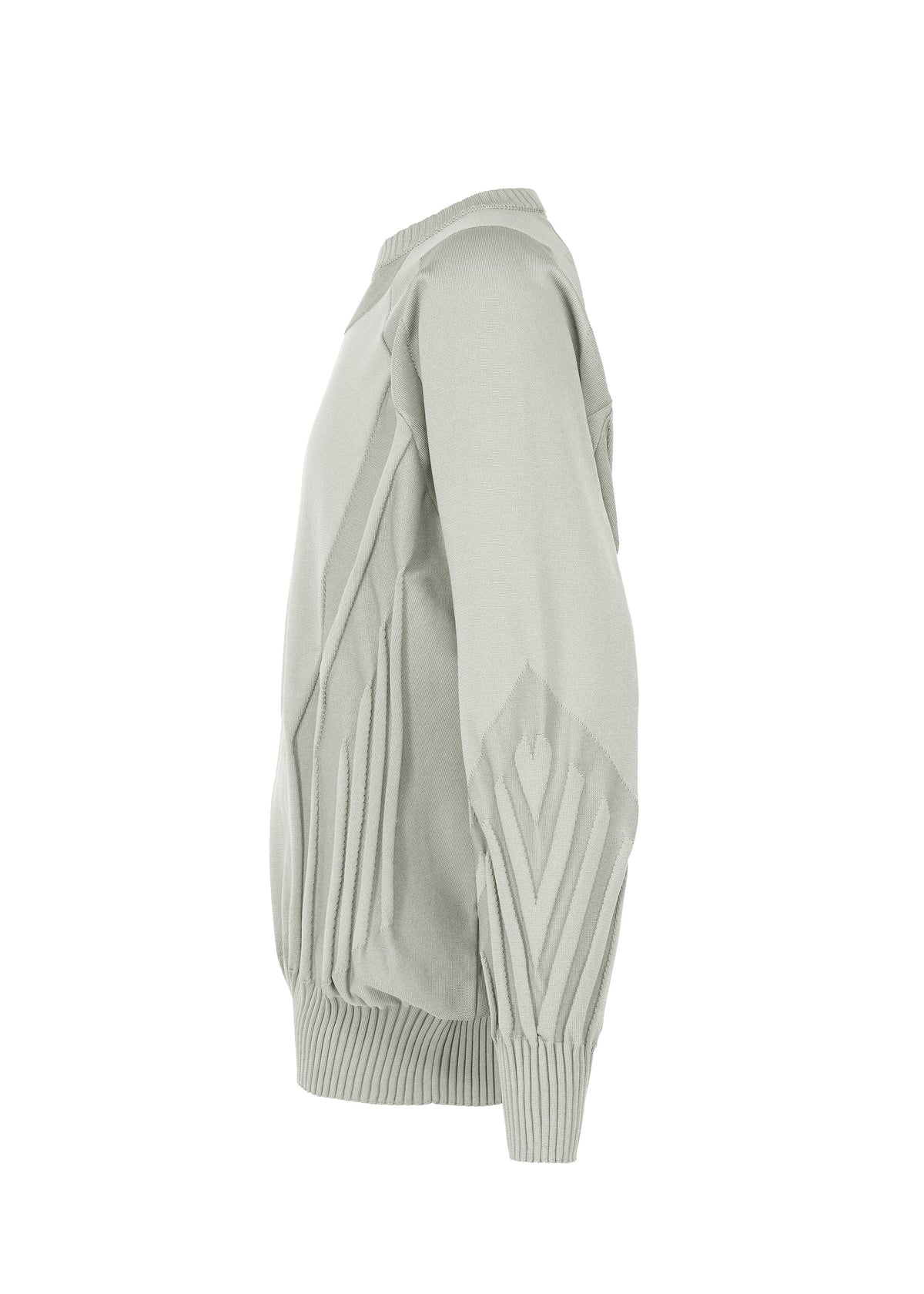 The TYPE-K 001 sweater by A-POC ABLE ISSEY MIYAKE is displayed in a side view on a plain white background, highlighting its light gray knit design. It features ribbed cuffs and hem, along with a distinctive textured geometric Steam Stretch pattern—including a heart shape on the sleeve. Made from stretchy polyester, this top offers comfort and ease of movement. view 5 of 11
