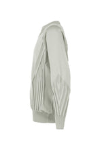 The TYPE-K 001 sweater by A-POC ABLE ISSEY MIYAKE is displayed in a side view on a plain white background, highlighting its light gray knit design. It features ribbed cuffs and hem, along with a distinctive textured geometric Steam Stretch pattern—including a heart shape on the sleeve. Made from stretchy polyester, this top offers comfort and ease of movement.