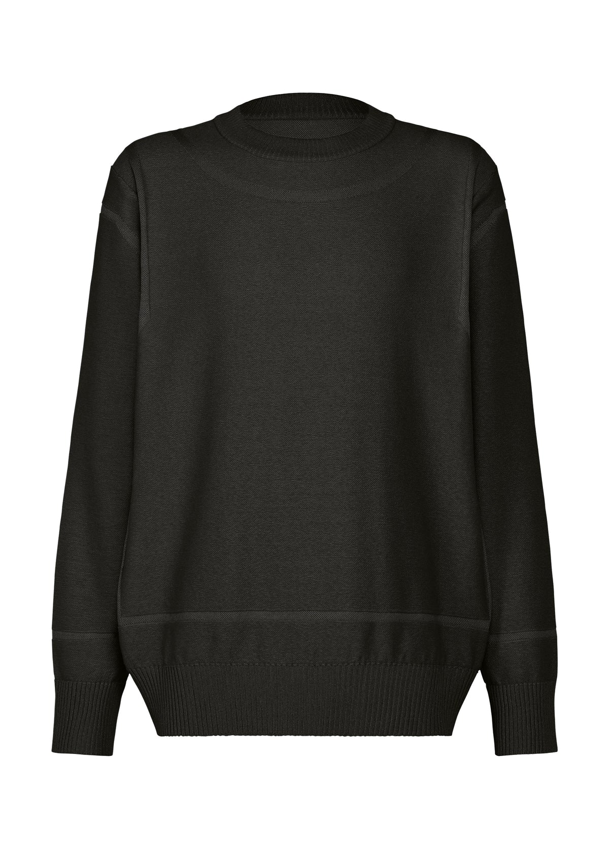 Zoomed view TYPE-K 010 by A-POC ABLE ISSEY MIYAKE: a black long-sleeved knit top with a crew neckline, ribbed cuffs, and hem, shown on a white background. - BLACK （no.15）