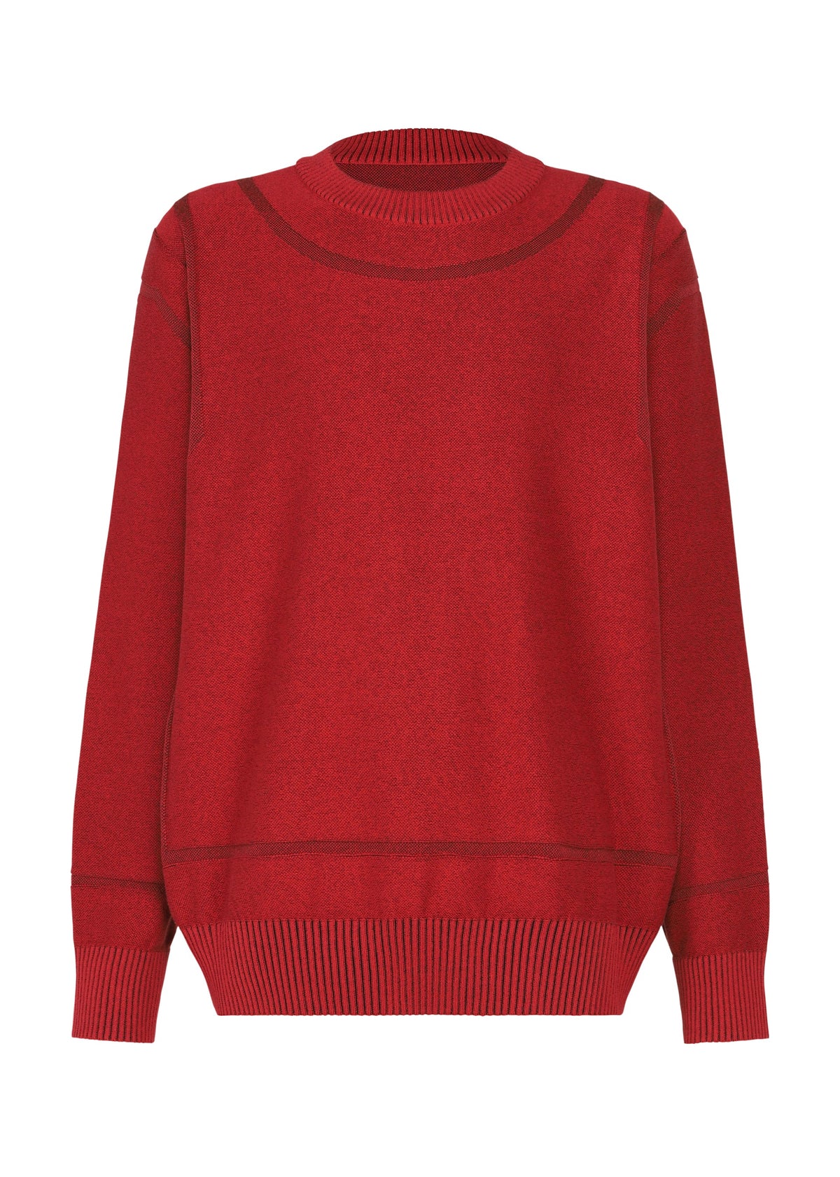 The TYPE-K 010 by A-POC ABLE ISSEY MIYAKE is a red textured knit top with long sleeves and ribbed cuffs, hem, and neckline, shown against a white background. view 2 of 8