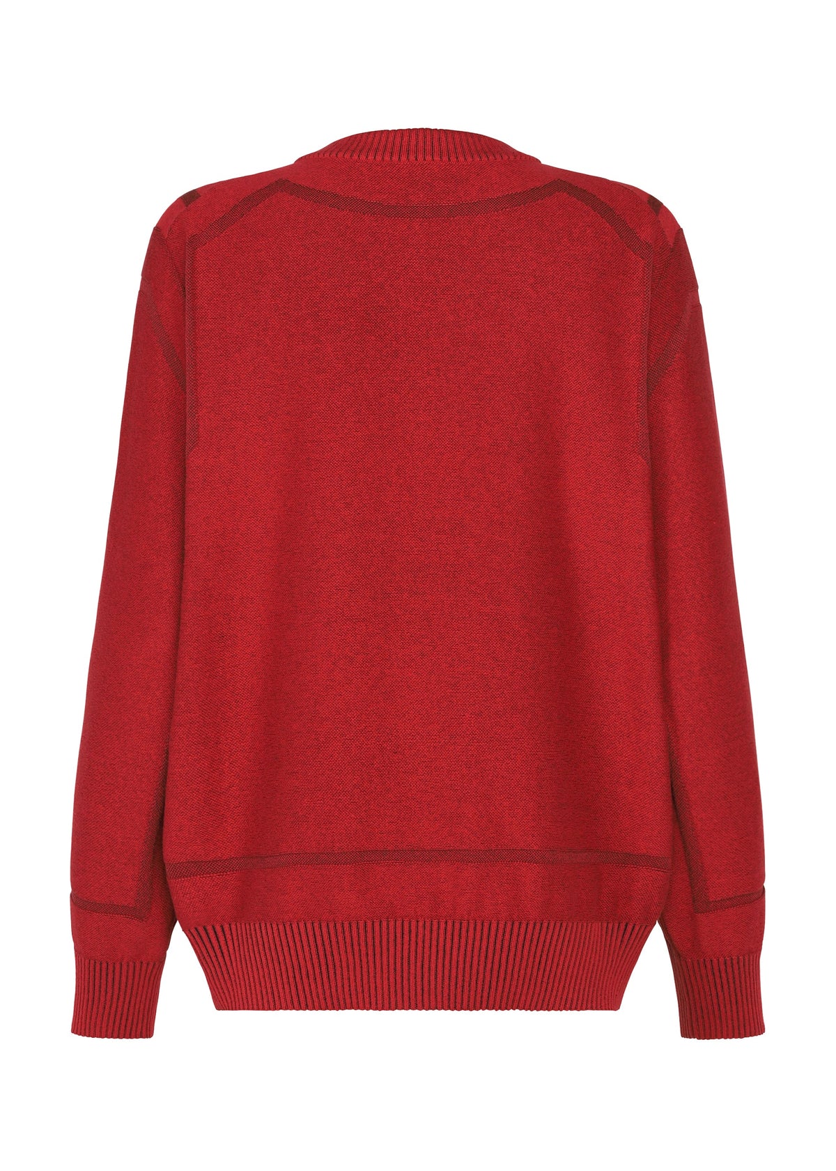 Zoomed view The TYPE-K 010 by A-POC ABLE ISSEY MIYAKE is a plain red long-sleeved knit top with ribbed cuffs and hem, shown from the back against a white background.