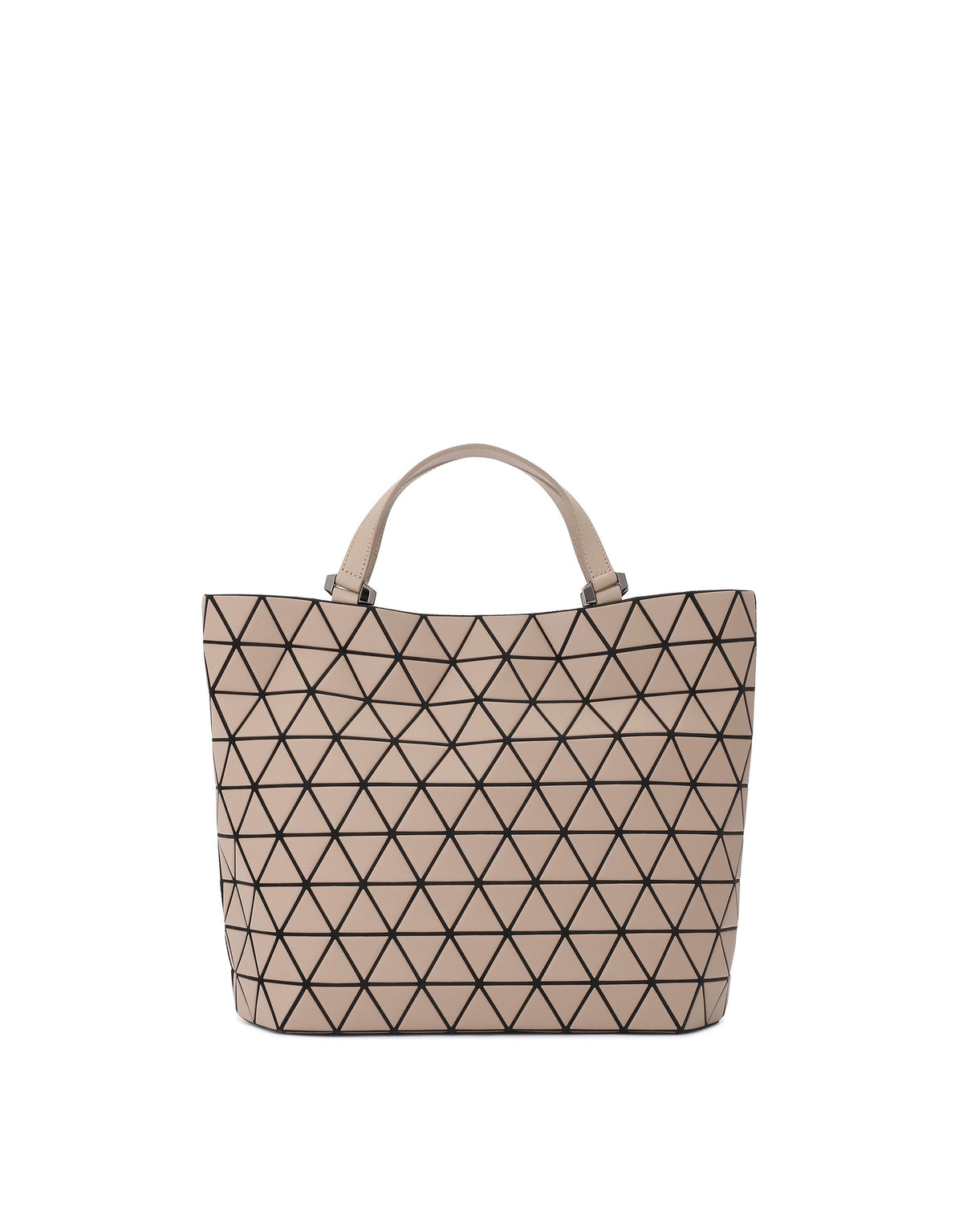The CRYSTAL MATTE tote by BAO BAO ISSEY MIYAKE is a chic beige bag with short handles and a black-trimmed geometric triangle grid, crafted from a leather-like material—ideal for carrying A4 documents. view 3 of 6