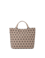The CRYSTAL MATTE tote by BAO BAO ISSEY MIYAKE is a chic beige bag with short handles and a black-trimmed geometric triangle grid, crafted from a leather-like material—ideal for carrying A4 documents. - LT BROWN (no.43)