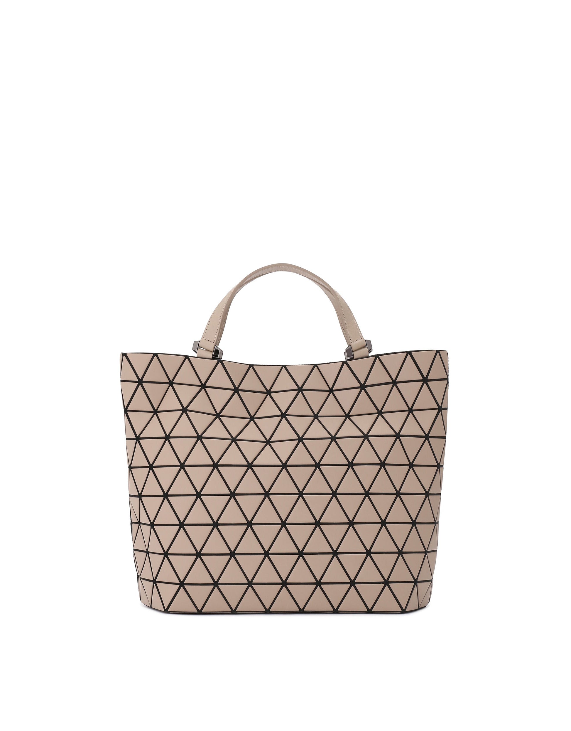 Zoomed view The CRYSTAL MATTE tote by BAO BAO ISSEY MIYAKE is a chic beige bag with short handles and a black-trimmed geometric triangle grid, crafted from a leather-like material—ideal for carrying A4 documents. - LT BROWN (no.43)