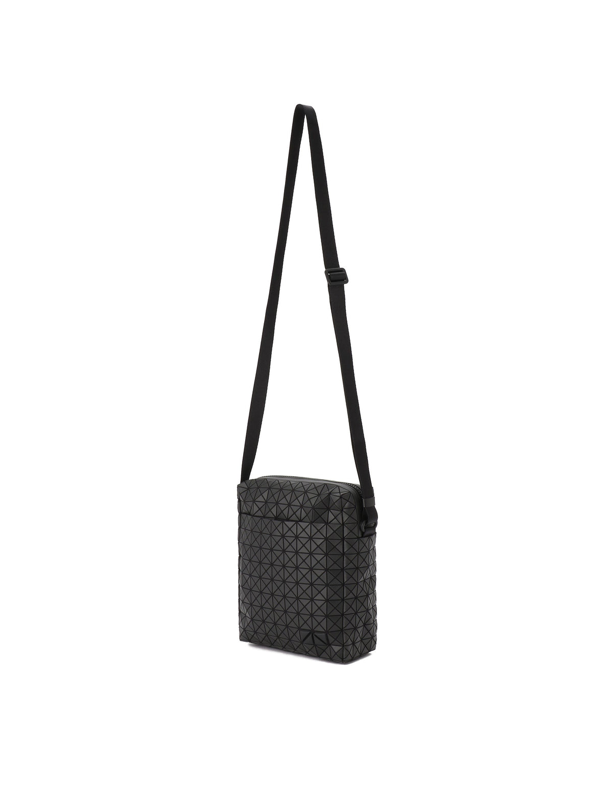 The VOYAGER by BAO BAO ISSEY MIYAKE is a small black vertical shoulder bag with an adjustable strap and a distinctive geometric triangular pattern on its exterior. Designed for convenience, it includes water bottle storage and is shown against a plain white background. view 2 of 8