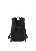 A black BAO BAO ISSEY MIYAKE LINER backpack is shown from the back with padded shoulder straps, a chest buckle, breathable mesh padding for comfort, and dedicated laptop storage, set against a plain white background.