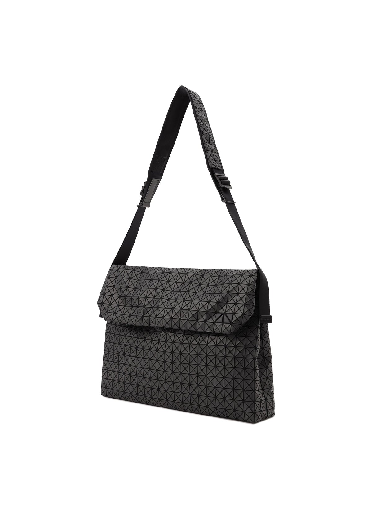 The FROGGY shoulder bag from BAO BAO ISSEY MIYAKE features a geometric triangular pattern, an adjustable strap, and a flap closure in black. Offering ample storage, it is displayed against a white background. view 2 of 6