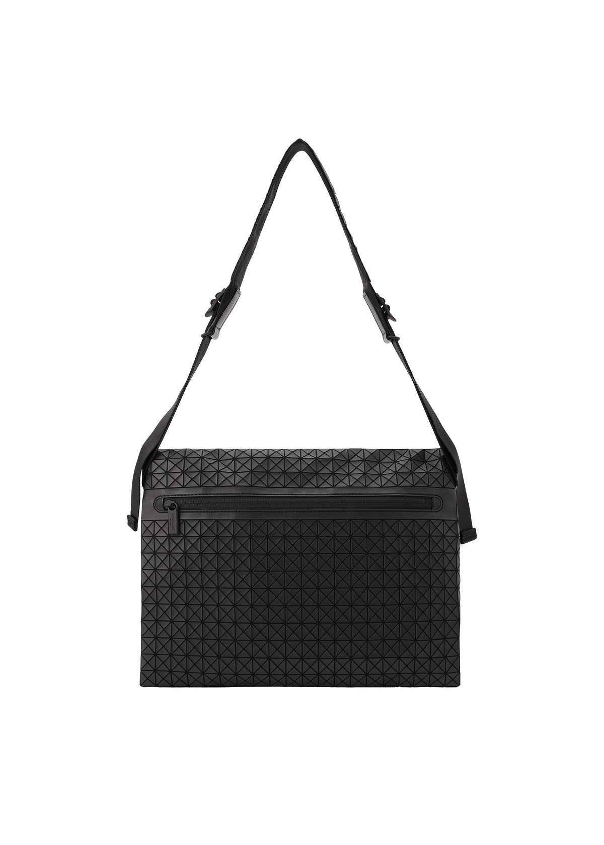 The BAO BAO ISSEY MIYAKE FROGGY shoulder bag in black showcases a geometric triangular pattern and offers ample storage with a zippered front pocket and an adjustable strap, displayed against a plain white background. view 3 of 6