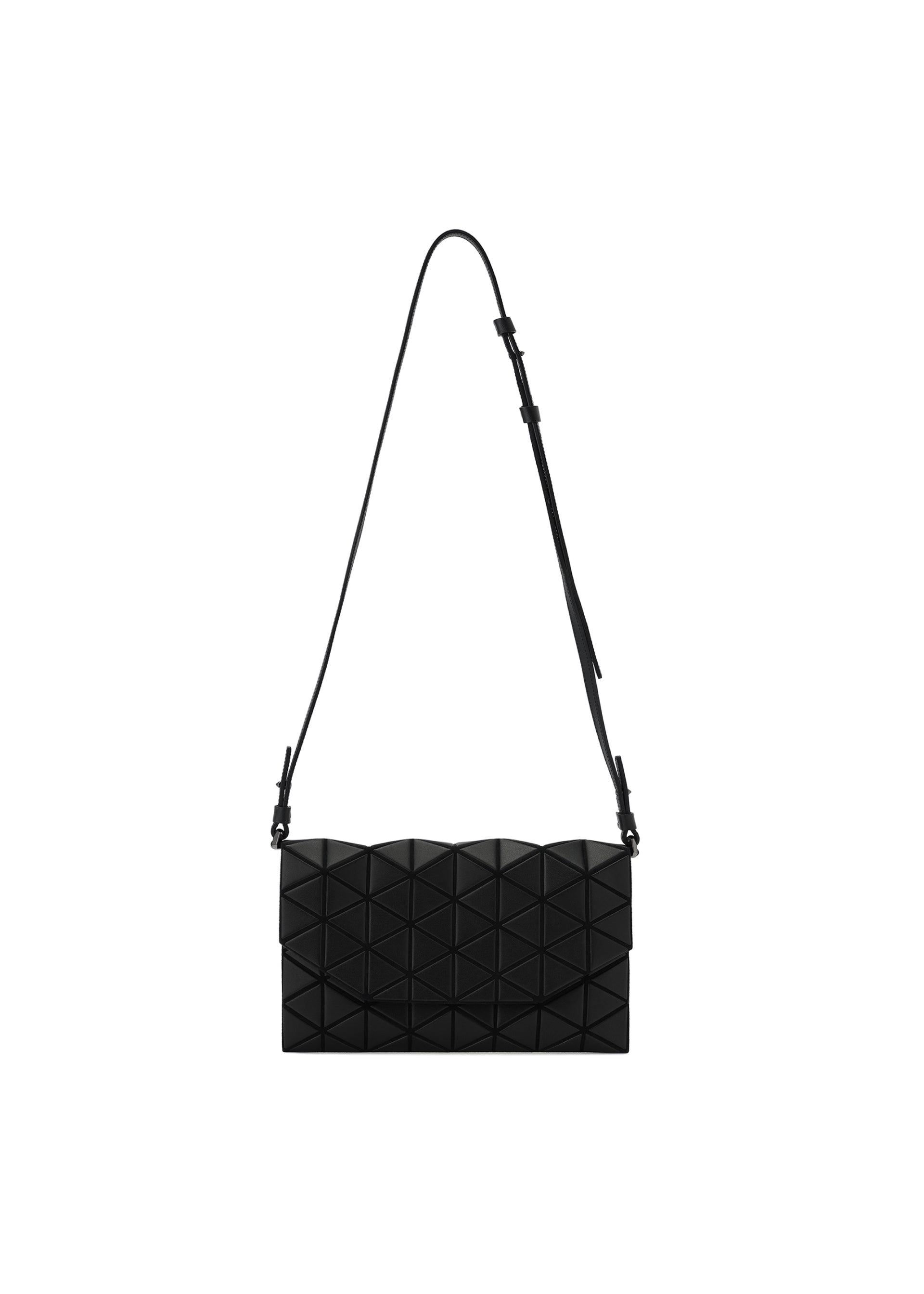 Zoomed view The TONNEAU MATTE by BAO BAO ISSEY MIYAKE is a black rectangular shoulder bag with a geometric triangular pattern, adjustable strap, and can also be used as a clutch, shown on a plain white background. - MATTE BLACK （no.16）