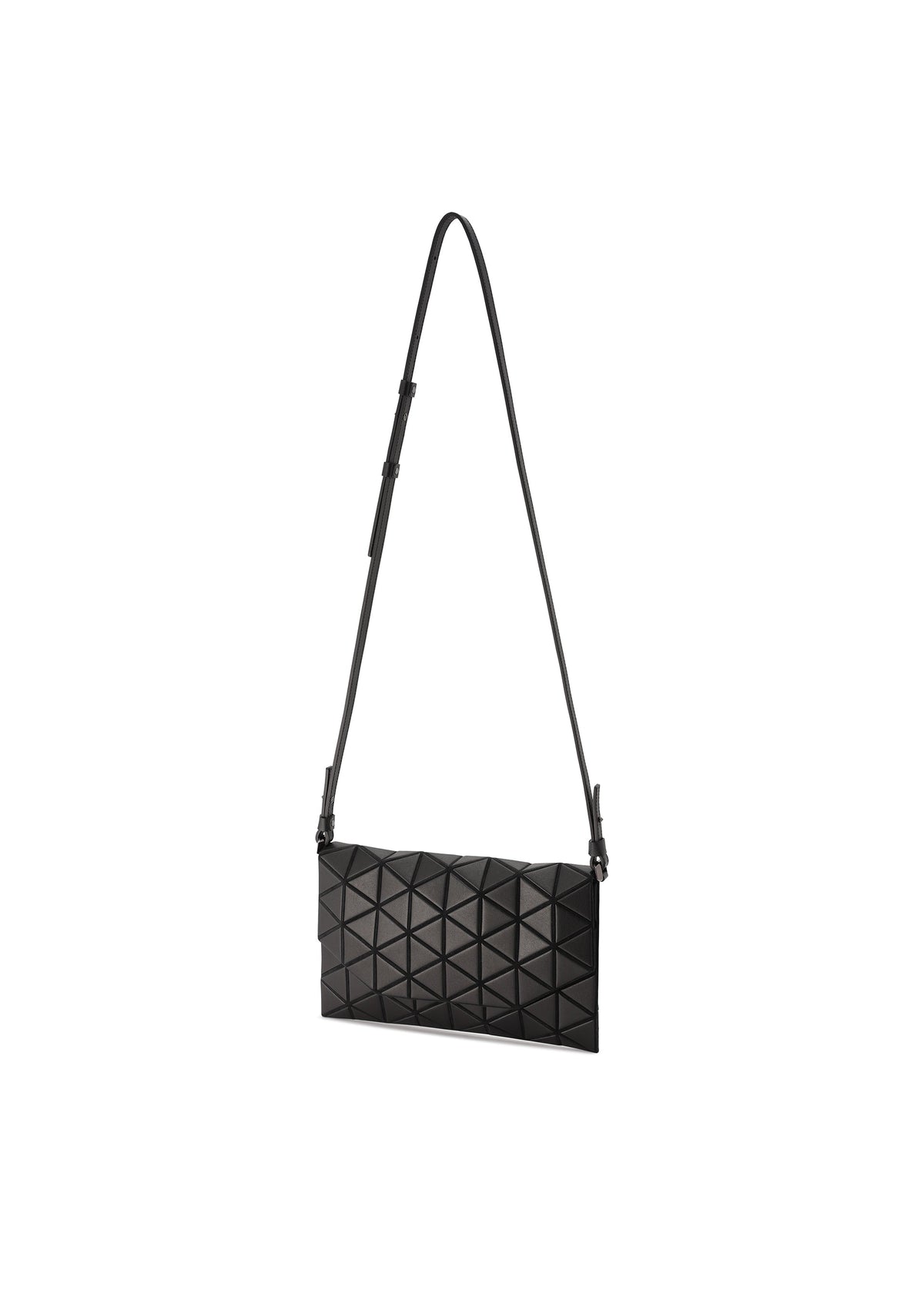 The TONNEAU MATTE by BAO BAO ISSEY MIYAKE is a rectangular black shoulder bag with a geometric triangular pattern and adjustable strap, easily converting from shoulder bag to chic clutch, shown on a plain white background. view 4 of 7