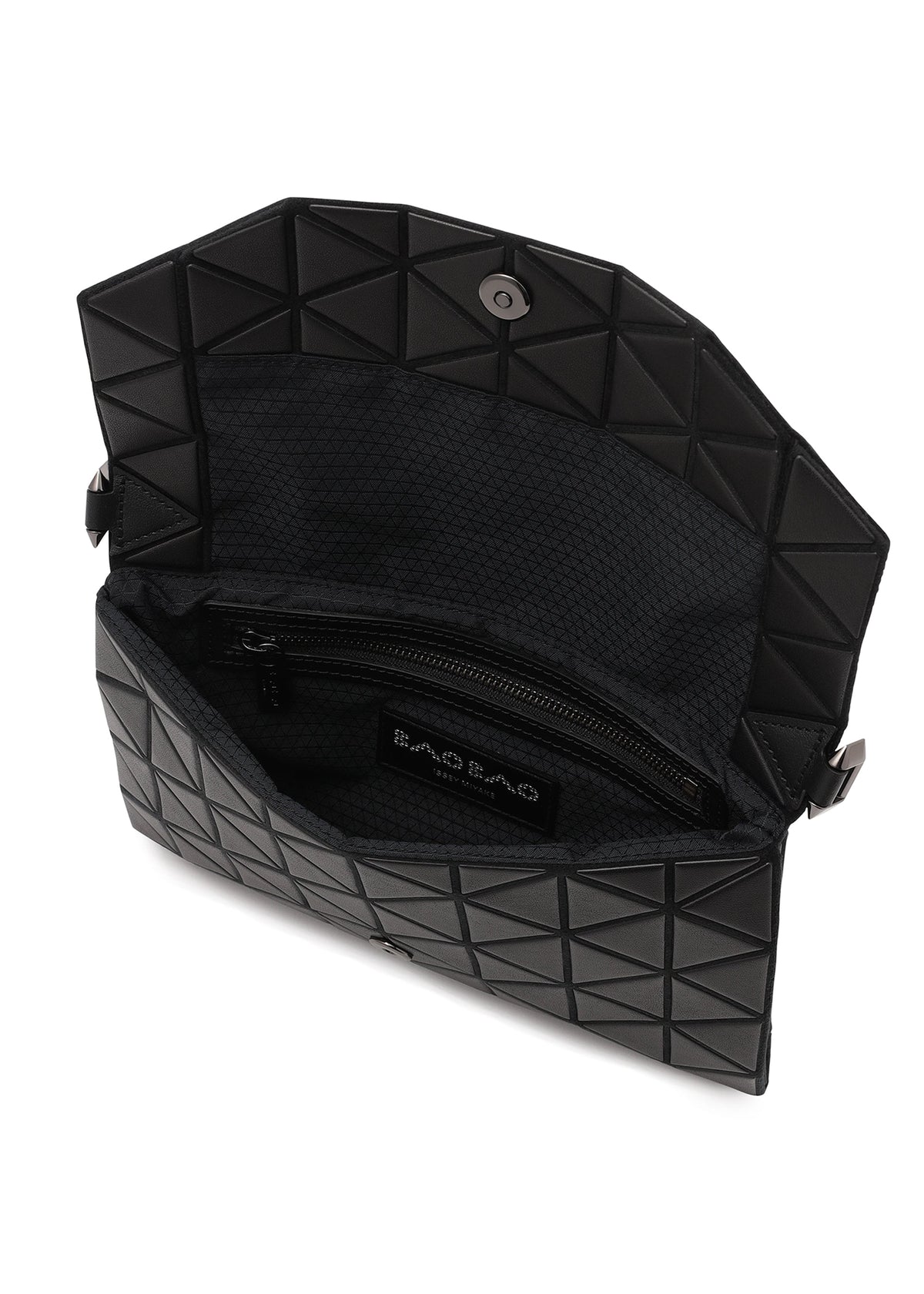 The TONNEAU MATTE by BAO BAO ISSEY MIYAKE is a black clutch with a geometric pattern, snap closure, zippered inner pocket, and fabric lining—stylish enough to transform into a chic shoulder bag for any occasion. view 6 of 7