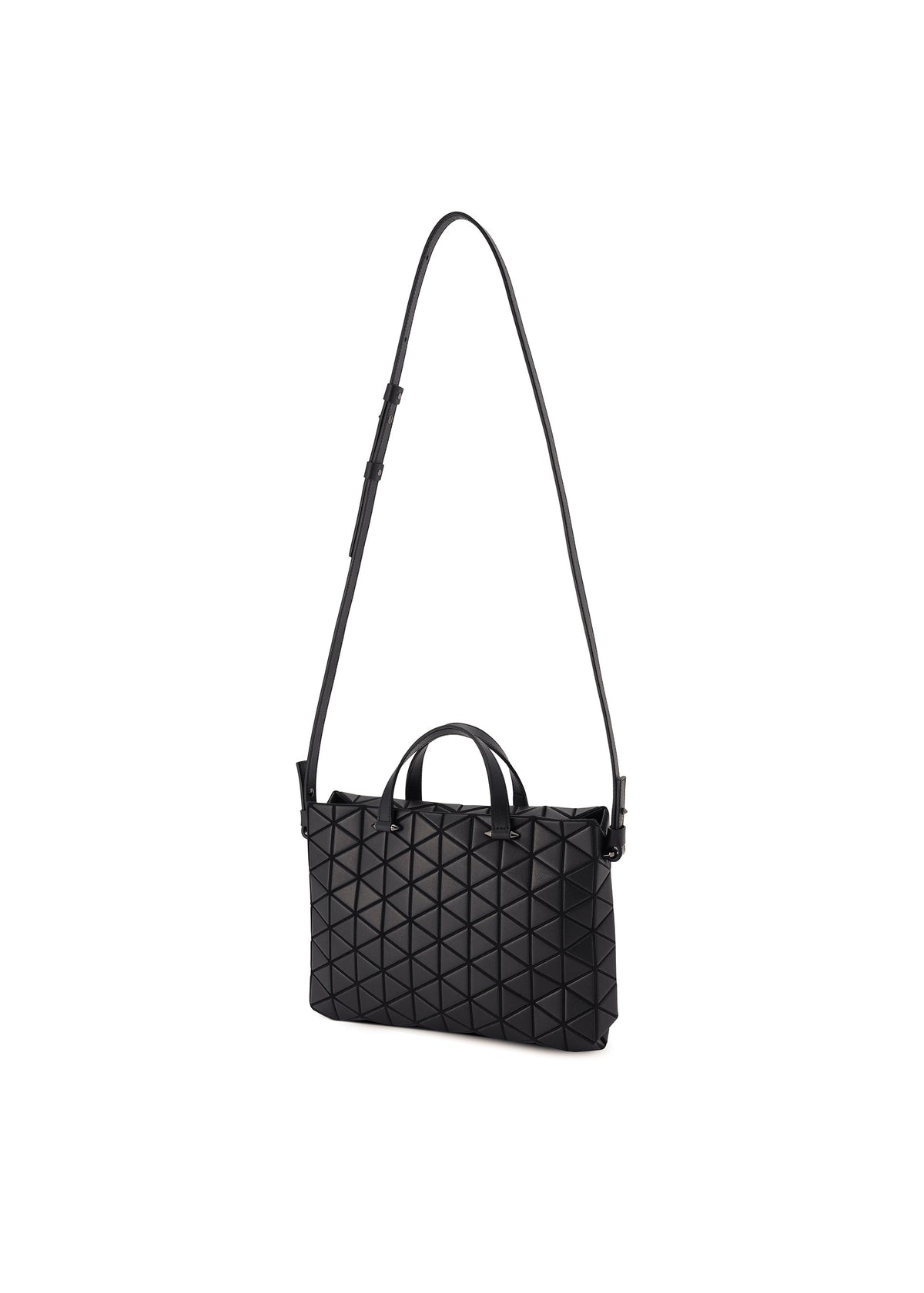 The TONNEAU MATTE by BAO BAO ISSEY MIYAKE is a black, barrel-shaped shoulder bag with a leather-like geometric pattern, adjustable long strap, and two short handles, shown against a plain white background. view 2 of 6