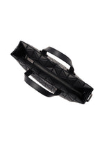 The TONNEAU MATTE by BAO BAO ISSEY MIYAKE is a black mini handbag with a geometric pattern, two handles, a central zippered opening, and a chic leather-like finish, as seen from above.