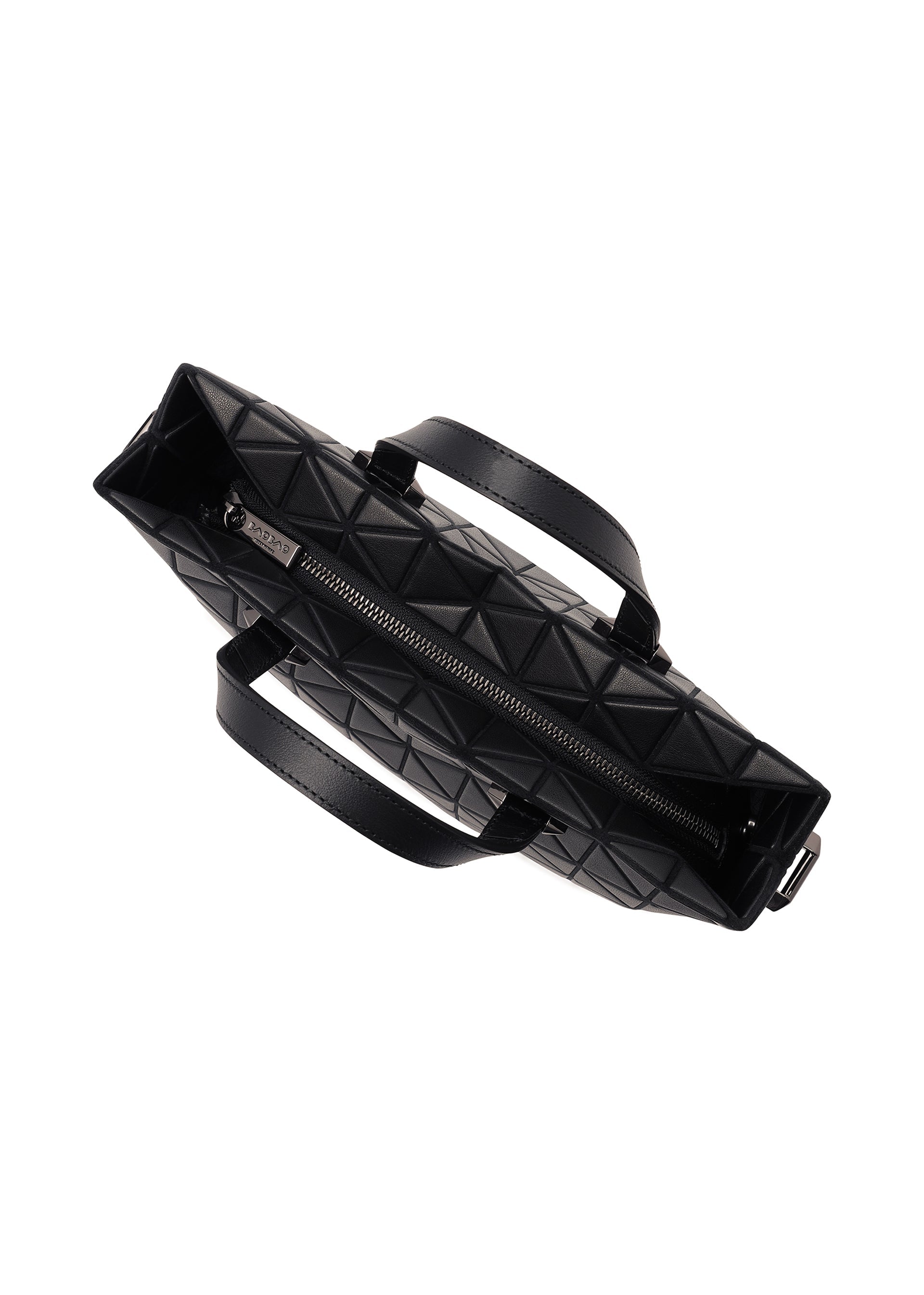 Zoomed view The TONNEAU MATTE by BAO BAO ISSEY MIYAKE is a black mini handbag with a geometric pattern, two handles, a central zippered opening, and a chic leather-like finish, as seen from above.