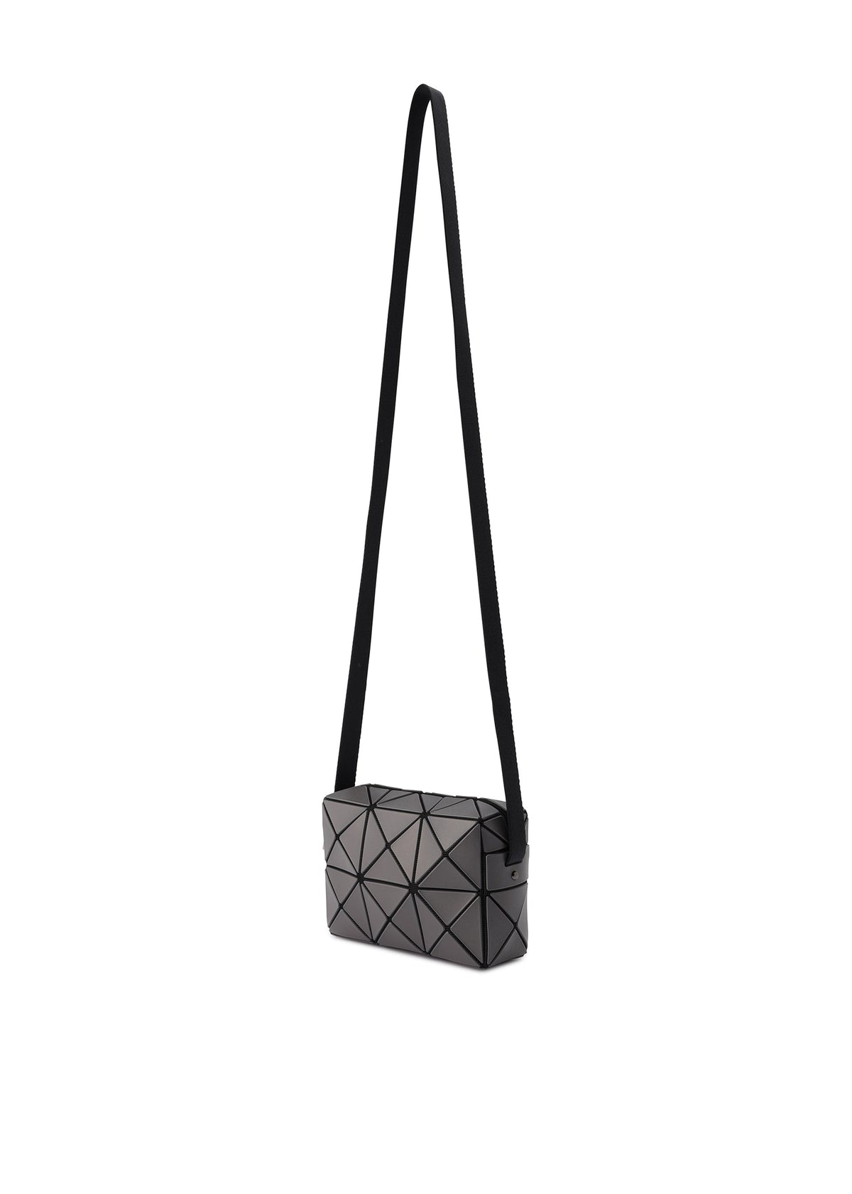 The CUBOID by BAO BAO ISSEY MIYAKE is a small black rectangular crossbody bag featuring a geometric triangular pattern and adjustable strap, shown on a white background for a minimalist look. view 2 of 6