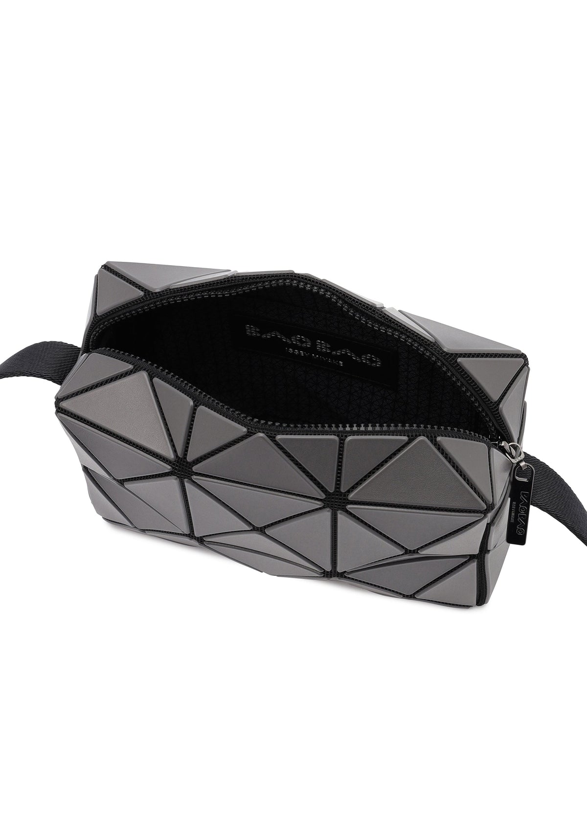 The CUBOID clutch bag by BAO BAO ISSEY MIYAKE features geometric gray triangular panels, a minimalist design, a black zipper partially open to reveal a black interior with the brand logo, and an adjustable strap attached to one side. view 4 of 6