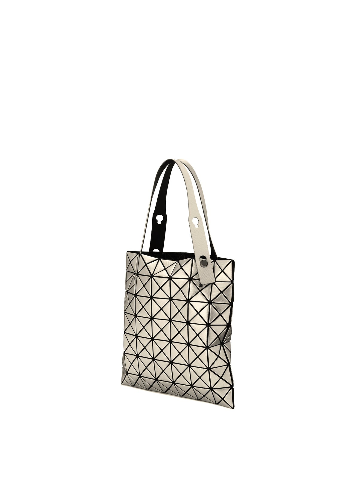 A geometric-patterned shoulder bag from the BAO BAO ISSEY MIYAKE PLATINUM series, with metallic triangles and two handles—one black, one white—displayed against a plain white background. view 2 of 4