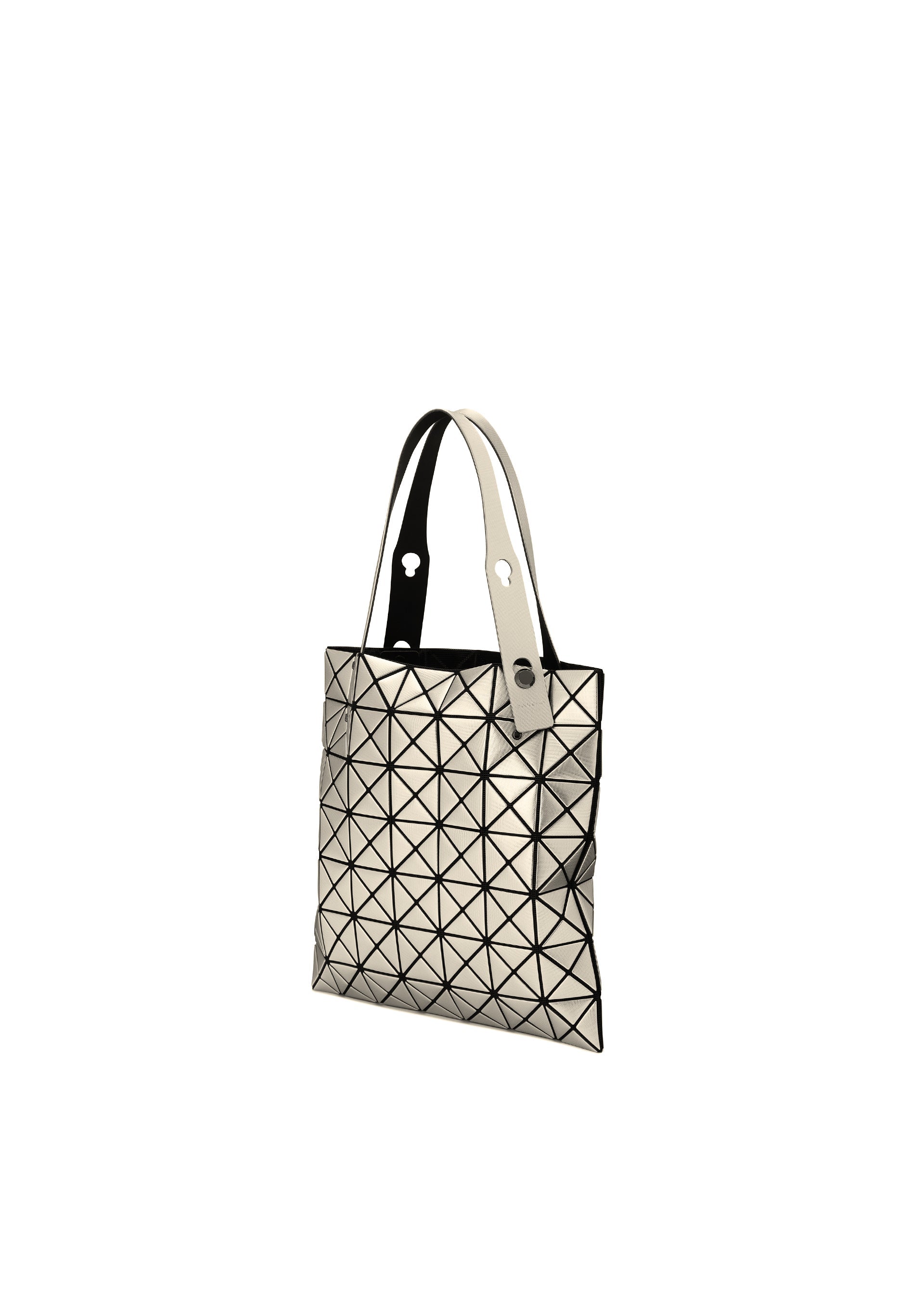 Zoomed view A geometric-patterned shoulder bag from the BAO BAO ISSEY MIYAKE PLATINUM series, with metallic triangles and two handles—one black, one white—displayed against a plain white background.