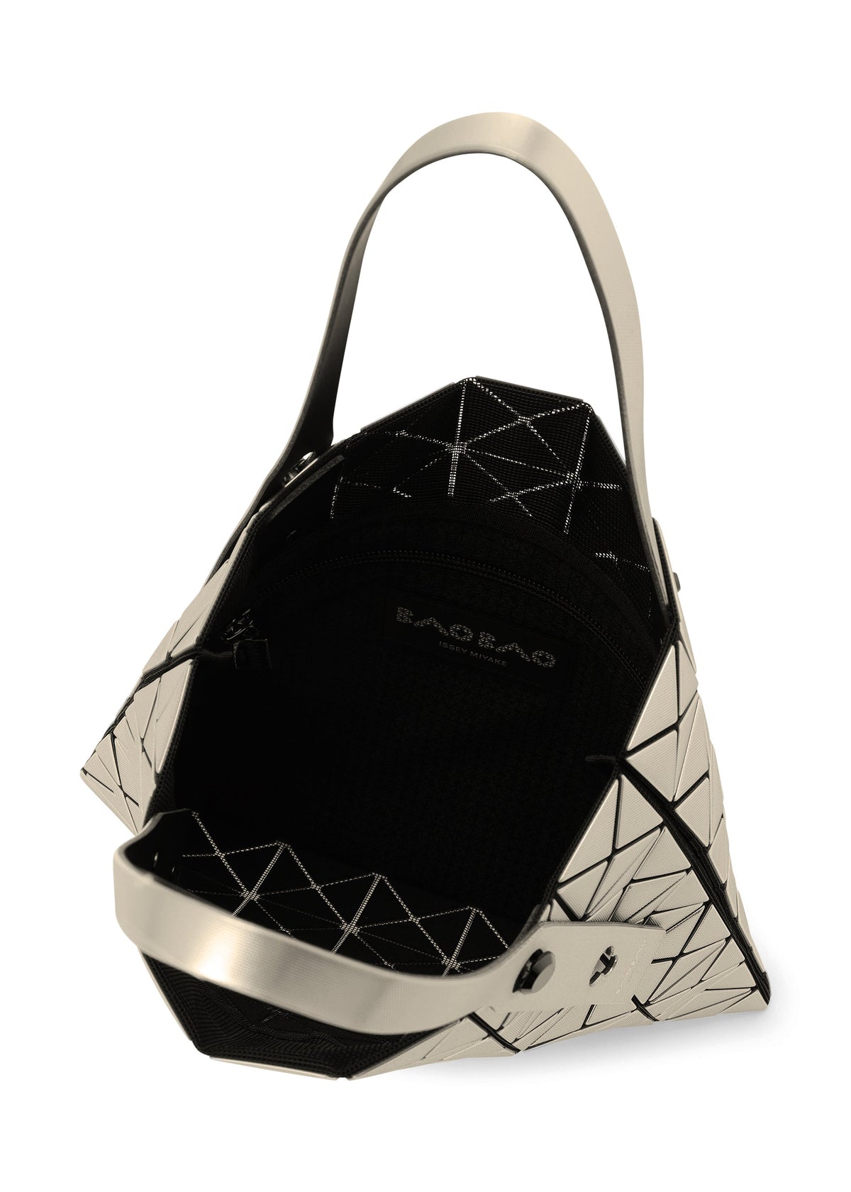 The BAO BAO ISSEY MIYAKE PLATINUM shoulder bag features a geometric pattern with metallic triangles, a shiny finish, two sturdy handles, and a black fabric-lined interior with a zippered pocket. view 3 of 4