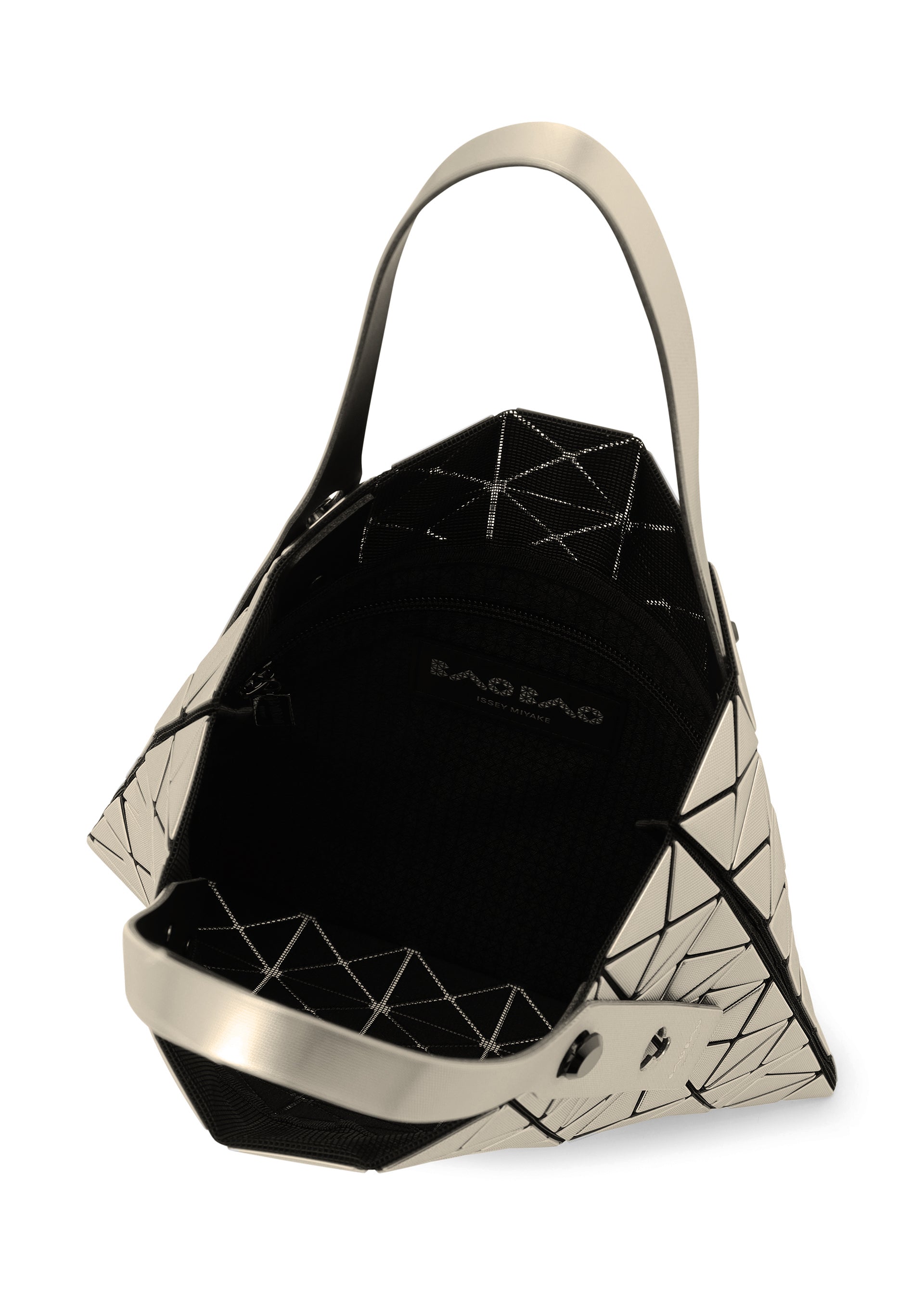 Zoomed view The BAO BAO ISSEY MIYAKE PLATINUM shoulder bag features a geometric pattern with metallic triangles, a shiny finish, two sturdy handles, and a black fabric-lined interior with a zippered pocket.