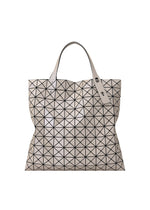 The PRISM MATTE-2 tote by BAO BAO ISSEY MIYAKE features a beige grid of black triangles, two handles, a flexible modern design with fabric texture, and is perfectly sized for A4 documents. - GRAY （no.12）
