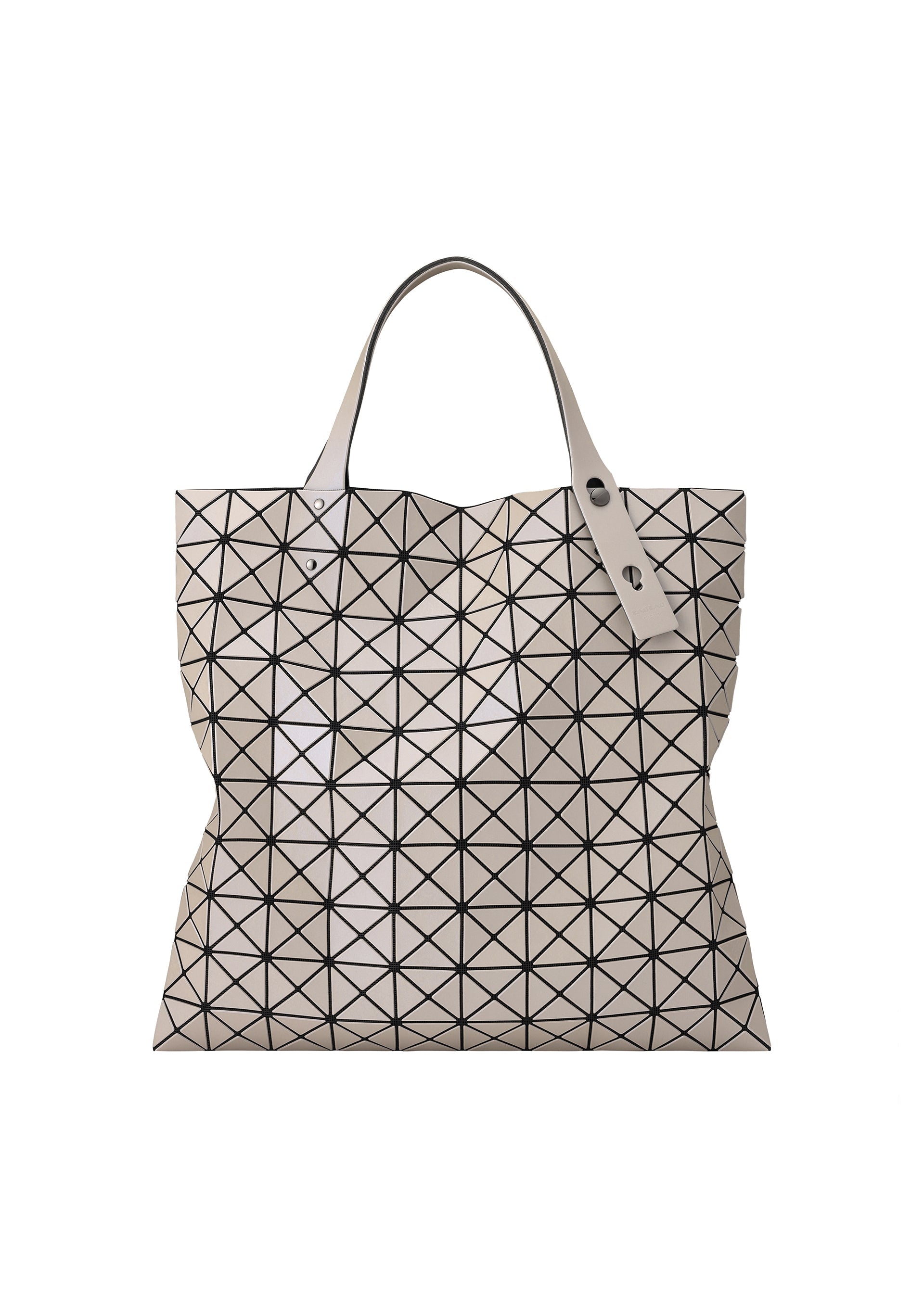 Zoomed view The PRISM MATTE-2 tote by BAO BAO ISSEY MIYAKE features a beige grid of black triangles, two handles, a flexible modern design with fabric texture, and is perfectly sized for A4 documents. - GRAY （no.12）