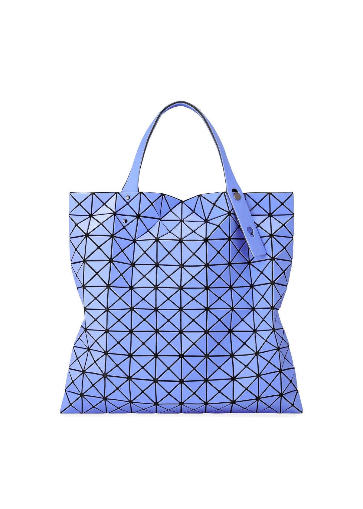 The BAO BAO ISSEY MIYAKE PRISM MATTE-2 tote bag features blue triangular panels with black lines, two handles, a modern flexible design, and ample space for A4-sized documents. view 3 of 8